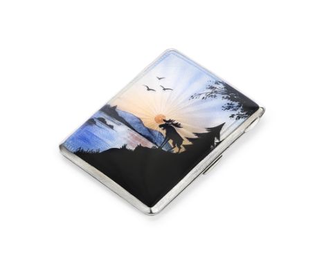 A silver and enamel cigarette caseH C Freeman Ltd, Birmingham 1938 Rectangular, the front enamelled with a silhouette of an e