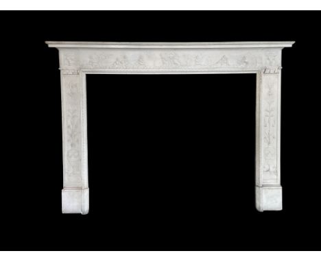 A George III carved white marble chimneypiecethe acanthus moulded plain shelf above a frieze carved  with frolicking putti at