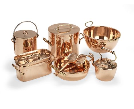 A collection of 19th century copper Kitchen-warecomprising an oval fish kettle with twin carrying handles, the strap handled 