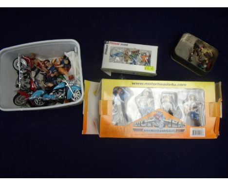 Boxed set of Preiser 1.50 scale figures, Motorhead Hot Rodders figures 1.18 scale, two Harley Davidson model motorbikes and a