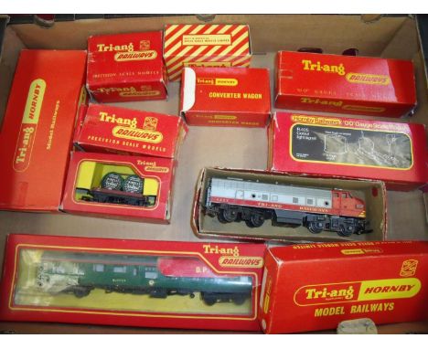 Large selection of boxed Hornby Tri-ang OO gauge rolling stock, carriages, diesel engine 4008 etc 