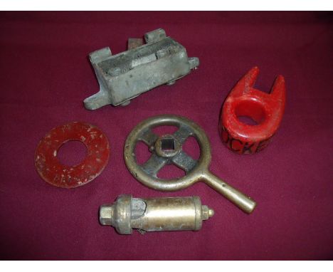 Selection of railway related items including red painted blocked peg, a line blocked out of order disc and an engine brass wh