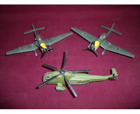 Two Dinky die-cast Stuka Bombers and a Dinky United States Army Sea King helicopter (3) 