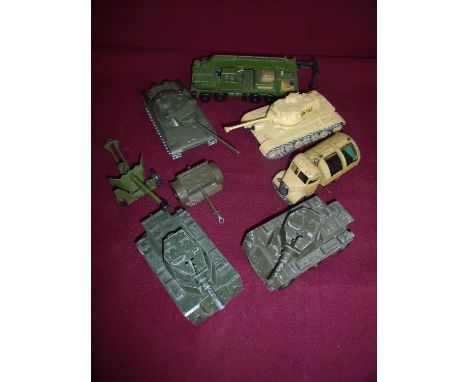 Box of various military and other vehicles including two armoured cars, two Solido Tanks, Matchbox etc 