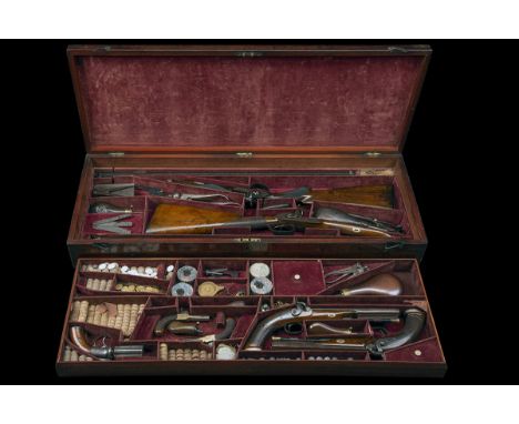 JEAVONS, BIRMINGHAM &amp; OTHERS AN ULTRA RARE FULL CASED GARNITURE OF SEVEN PERCUSSION SPORTING AND SELF DEFENCE SMALL-ARMS,