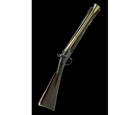 A 12-BORE FLINTLOCK BRASS-BARRELLED BLUNDERBUSS WITH SPRUNG BAYONET SIGNED 'PROBIN', no visible serial number, circa 1780, wi
