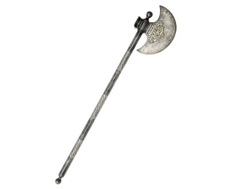 AN ALL-STEEL INDO-PERSIAN AXE WITH KOFTGARI DECORATION, possibly Sind, early to mid 19th century, with symmetrical crescent s