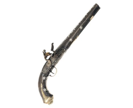 AN INDO-PERSIAN 22-BORE FLINTLOCK KOFTGARI DECORATED HORSE-PISTOL WITH LOCK BY KNUBLEY, LONDON, no visible serial number, pro