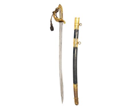A SCARCE EARLY VICTORIAN BRITISH NAVAL OFFICER'S 1827 PATTERN SWORD WITH PIPE-BACK BLADE, UNSIGNED, pre 1846, with broad slig