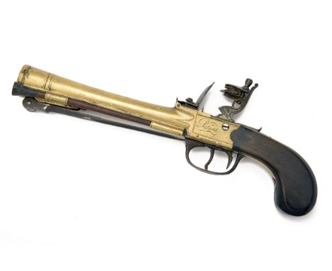 A 28-BORE FLINTLOCK BRASS-BARRELLED BLUNDERBUSS PISTOL WITH SPRUNG BAYONET SIGNED WATERS &amp; CO., no visible serial number,