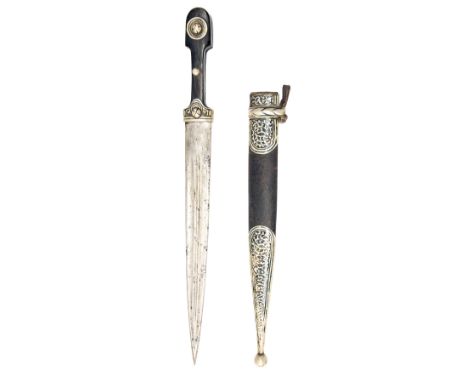 A RUSSIAN KINJAL WITH NIELLOED WHITE-METAL MOUNTS, dated for 1910, with 13in. needle-point double-edged blade (lightly cleane