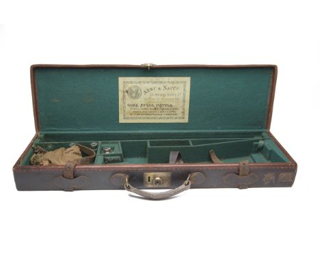 ARMY AND NAVY A LEATHER SINGLE GUNCASE, fitted for 28in. barrels, the interior lined with green baize, an Army and Navy Co-Op