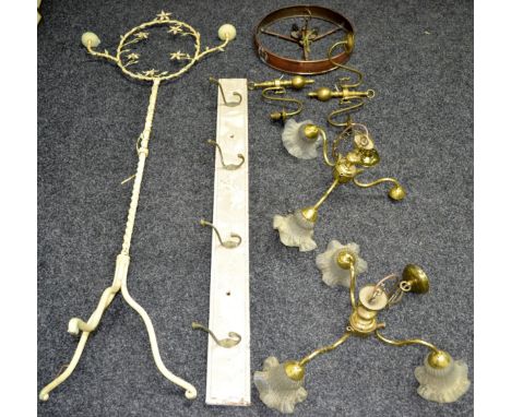 Lighting - a wrought iron two branch candle stand;  lamps, shades etc 