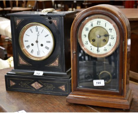 A Belge noir slate mantel clock, circa 1880; a Jappy Freres Edwardian mahogany dome top mantel clock (2)