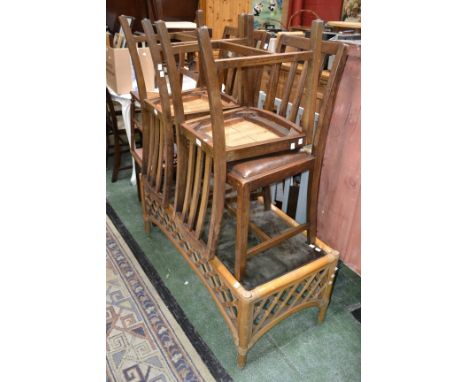 A set of four oak 1940's dining chairs; another; a commode chair; cast weighing scales