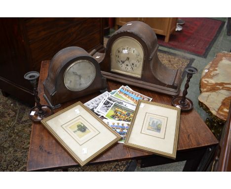 An Art Deco oak mantel clock, by Smiths; another, German; a pair of oak barley twist candlesticks; etchings, signed (2); trad