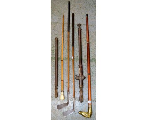 A vintage ivorine parade stick/walking cane, portrait handle, white metal woven collar; another, brass horse head handle; a h