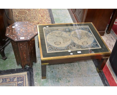 A 20th century mother of pearl inlay table; a sitting table with the map of the world 