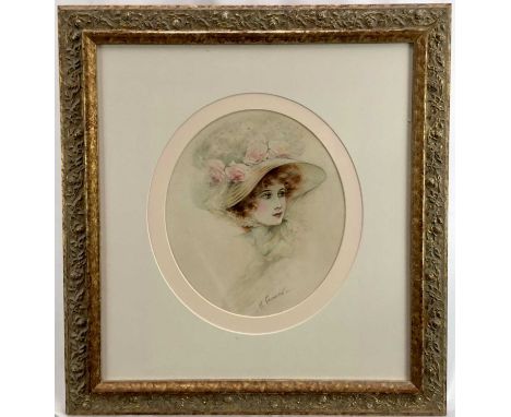 Henry George Fanner, 19th Century oval watercolour portrait of a lady in a hat, signed, 30cm x 26cm, in gilt frame