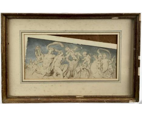 Ink and wash drawing of Greek figures, laid on card, 18.5cm x 38cm, in glazed frameThe paper has been fully stuck down, some 
