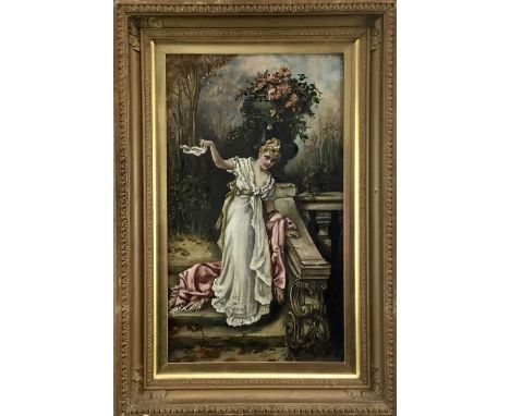 K Sharman (1902), oil on canvas - an elegant lady walking down steps in an ornamental garden, signed and dated 1902, in origi