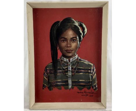 Pedro Amorsolo (Philippines), oil on board, portrait of an Igorot woman, 35cm x 25cm, framedPaint losses particularly to her 