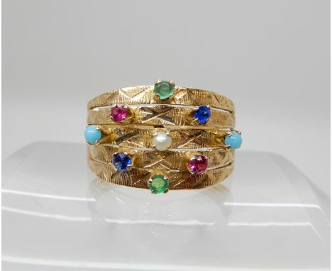 A bright yellow metal gem and pearl cluster ring with Arabic stamps, size V1/2, weight 4.8gms Condition Report: Available upo