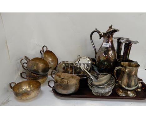 A tray lot of EP - claret jug, vases, soup ladle etc Condition Report: Available upon request