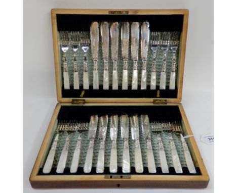 A cased twenty-four piece silver plated and mother of pearl fish cutlery set Condition Report: Available upon request