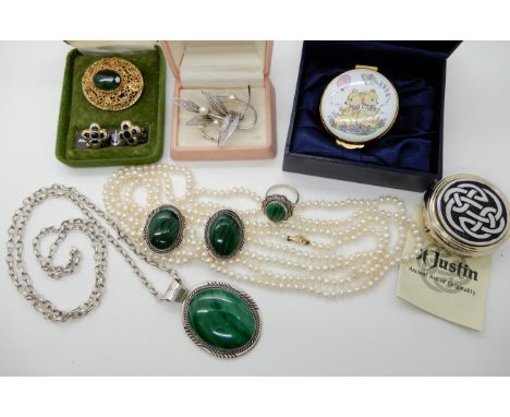 A silver malachite pendant, earrings and ring, a collection of costume jewellery and a Crummles enamel box Condition Report: 