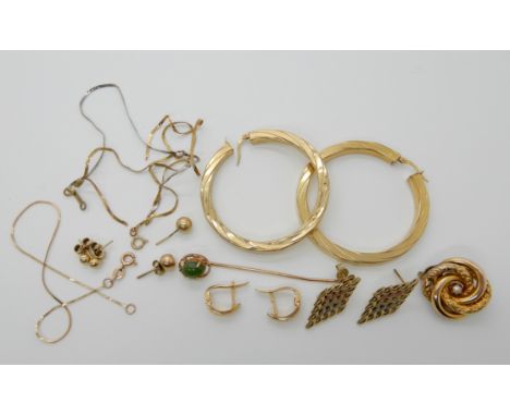 A pair of 9ct gold large creole earrings, a 10k pearl set brooch, and other items of gold and yellow metal, combined weight 1