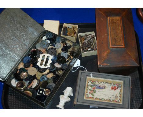 A tray lot including tea caddy, vintage buttons, keys etc Condition Report: Available upon request