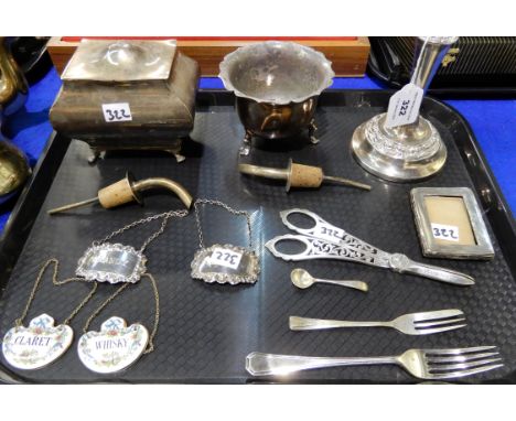 A tray lot of EP - candlestick, tea caddy, grape scissors, decanter labels etc Condition Report: Available upon request