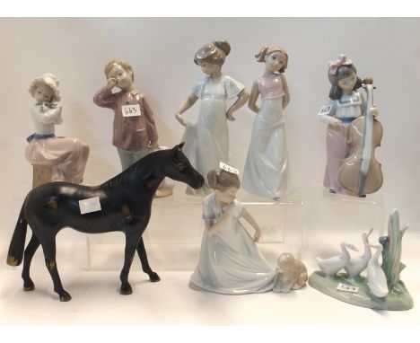 Seven Nao figures of children together with a brass figure of a horse Condition Report: Two figures broken. 