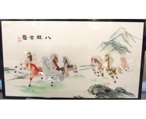 A silkwork embroidery of horses and a Chinese scroll depicting blossoming trees Condition Report: Available upon request