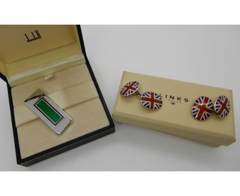 A silver and enamel Dunhill money clip and a pair of silver and enamel Links of London Union Jack cufflinks Condition Report: