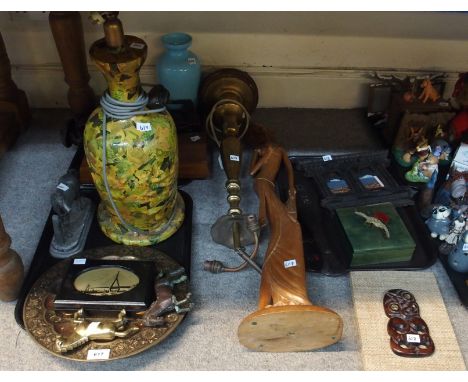 Presentation boxed Shanghai bridge cable section, large wooden sculpture, lamp bases and assorted other items Condition Repor
