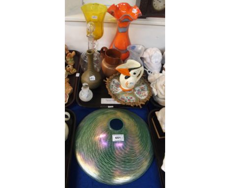 An iridescent glass light shade together with other glass ware, a Bournville Cocoa stoneware jug, studio vase, canton plate a