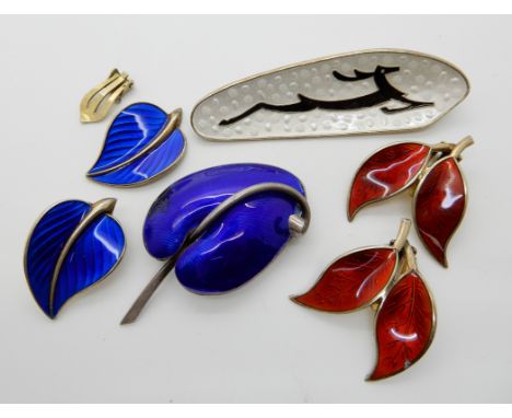 An unusual silver Norwegian reindeer enamel brooch by  O.F. Hjortdahl, a pair of red enamel earrings by David Andersen and ot