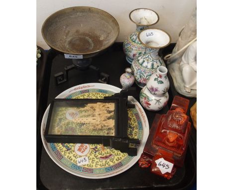 A pair of enamel vases, Chinese bronzed metal dish on stand and other items Condition Report: Available upon request