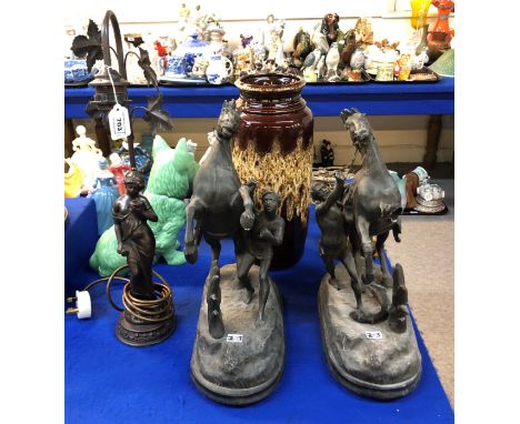A figural table lamp and a pair of Marly horses (def) Condition Report: Available upon request