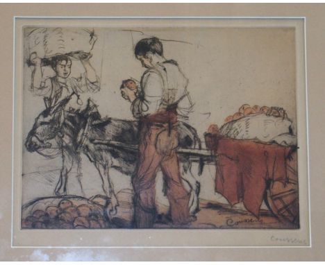 ARMAND COUSSENS Orange Sellers, signed, coloured etching, 19 x 25cm Condition Report: Available upon request