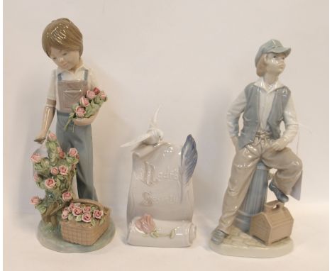 A Lladro figure of a boy picking roses, a Lladro advertising plinth and a Nao figure of a shoeshine boy Condition Report: All