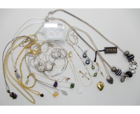 A collection of gold, silver and gold plated jewellery to include two pairs of Honora pearl earrings, one 9ct chain weight 0.