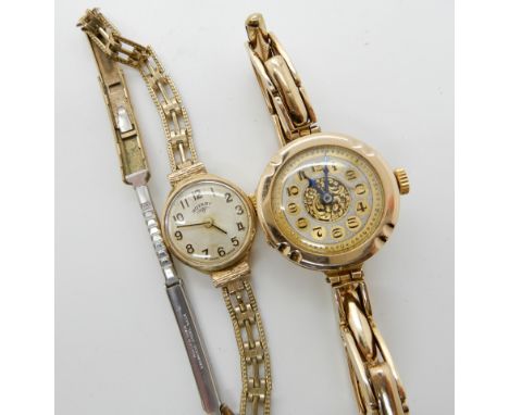A 9ct gold ladies vintage watch and strap, weight including mechanism etc 17.3gms and a further 9ct gold ladies Rotary watch 