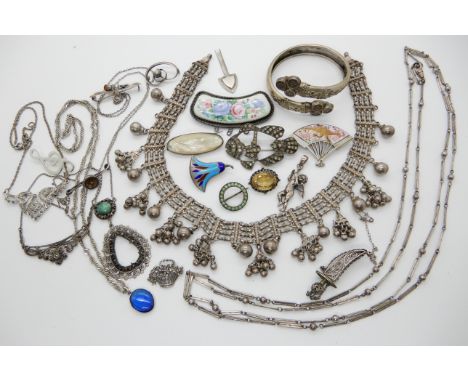 A continental silver enamel Egyptian revival brooch, white metal Victorian bangle and other items Condition Report: Not avail