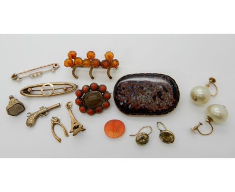 A 15ct gold pearl set brooch 2gms and a collection of 9ct items, weight approx 9gms including faux pearls and a collection of