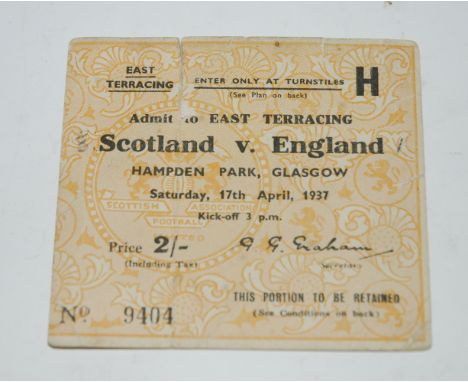 A Scotland v England ticket stub, 17/4/1937, vertical fold Condition Report: Available upon request