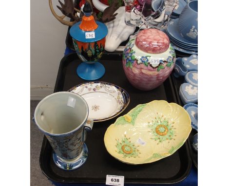 A Noritake urn and cover, decorated with a lady in crinoline dress in a landscape, a Carlton Ware butter cup dish and other d