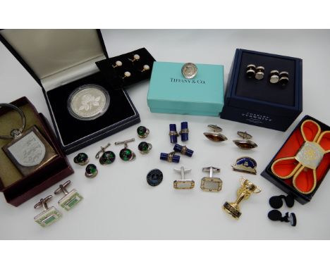 A set of silver Links of London Jockey cap cufflinks and shirt studs, a pair of Mappin &amp; Webb lapis lazuli silver cufflin